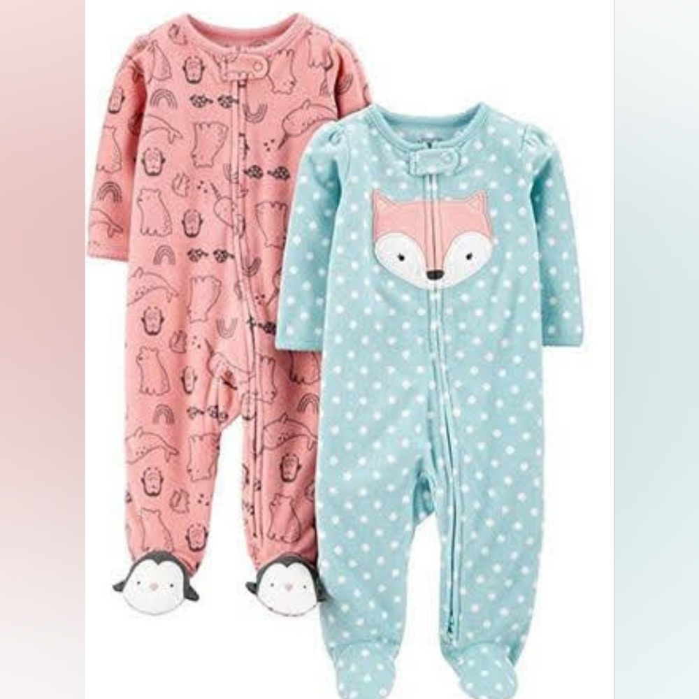 Carters Baby Girl Newborn Sleeper Pajamas | 2 pk | Fleece | Pink Blue Fox Animal